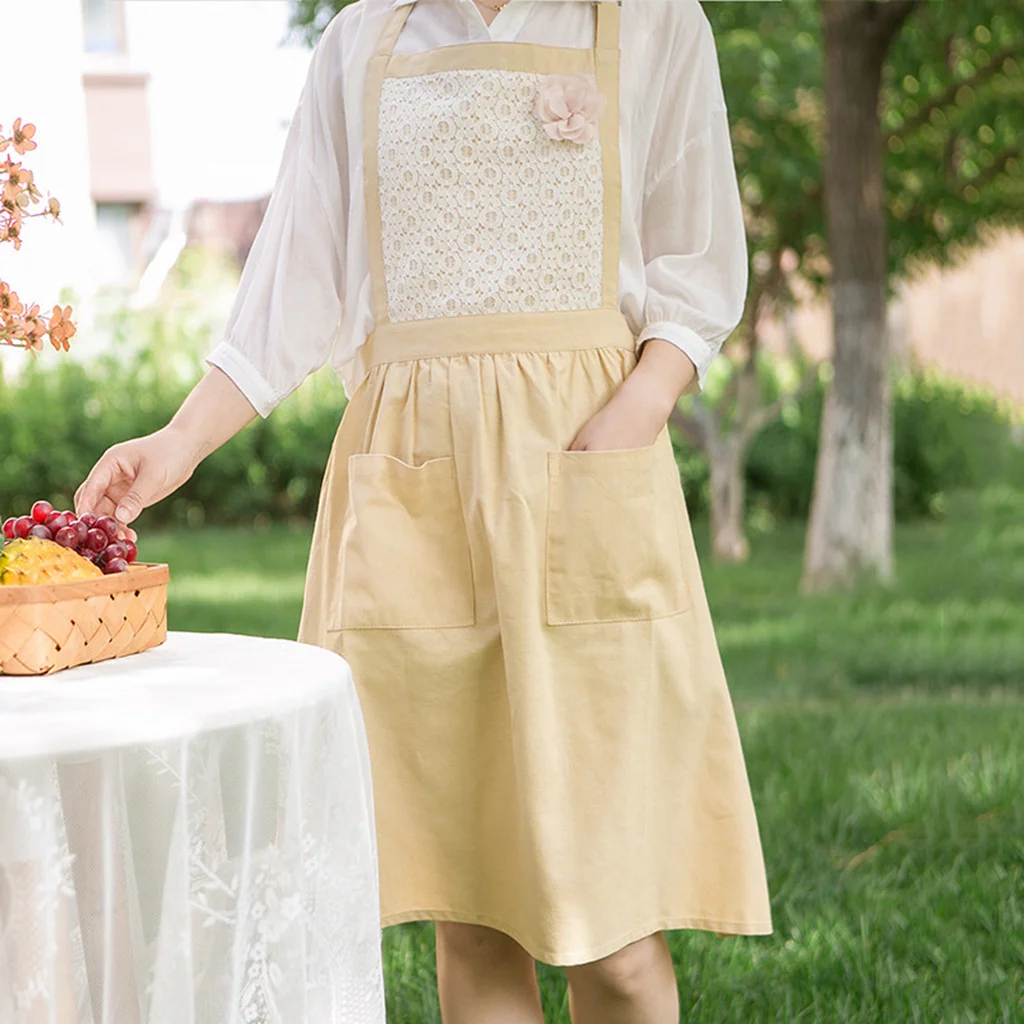 

Floral Coffee Shop Overalls Cotton Lace Kitchen Aprons Flower Shop Garden Ruffles Work Clean Apron for Woman Dress Bibs