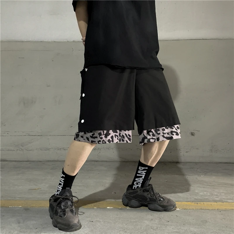 Harajuku Wide Leg Loose Straight Pants Men Women Summer Fake Two Pieces Five-pants Buckle Leopard Print Splicing Hip-hop Pants
