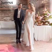 sumnus elegant a line spaghetti strap wedding dress 2220 lace appliaues high slit robe de soir%c3%a9e de mariage vestido novia 2022