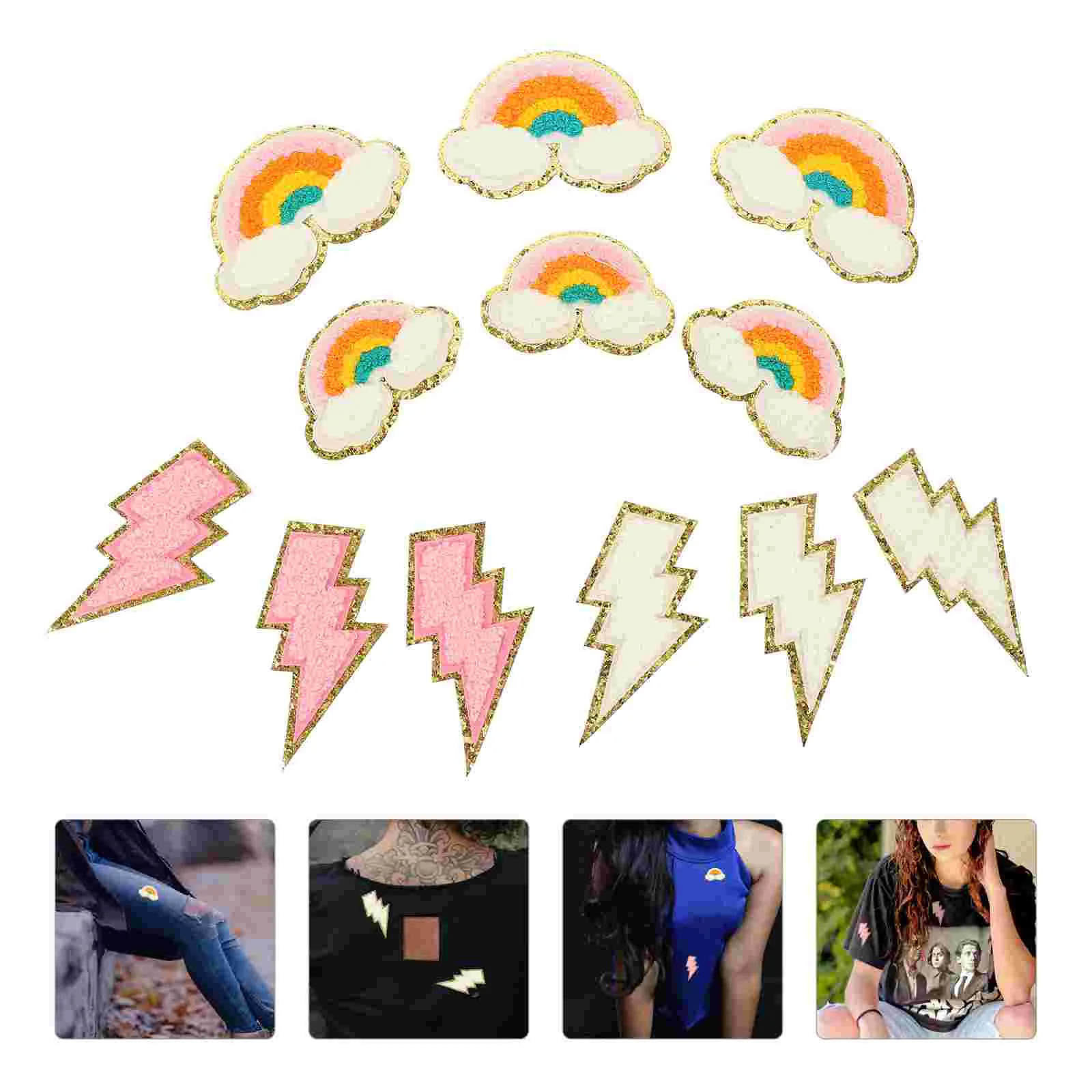 

12 Pcs Gold Outfit Embroidery Patches Sewing Cartoon DIY Clothing Repairing Rainbow Designed Applique Polyester Child