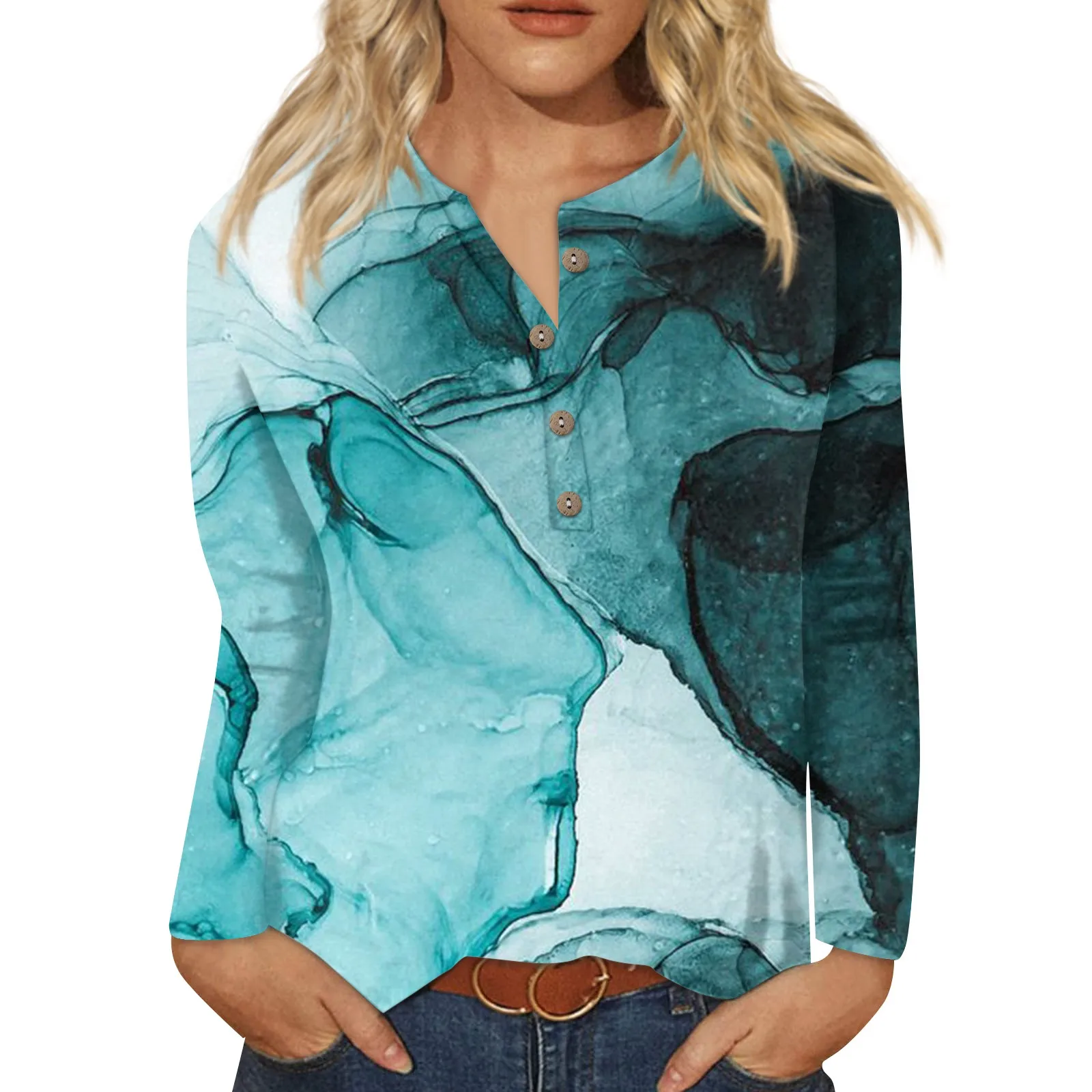 

Women'S New Button Collar Fashion Print Long Sleeves Retro Print T-Shirt Slim Top Casual Tops Simple And Fashionable New Women'S