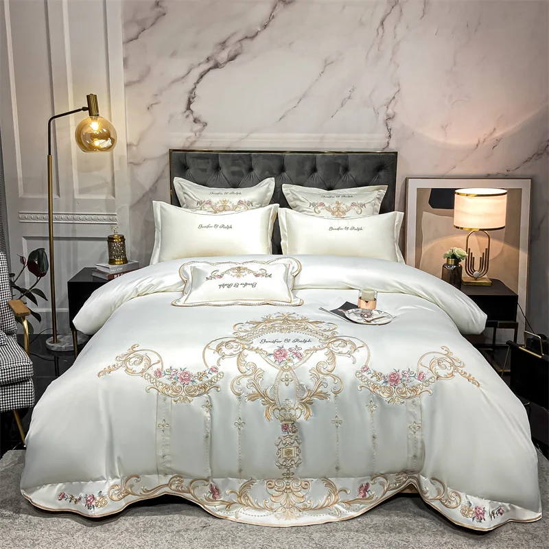 

New Luxury Washed Silk Cotton Embroidery European Palace Bedding Duvet Set Quilt Cover Bed Linen Bedspread Pillowcases