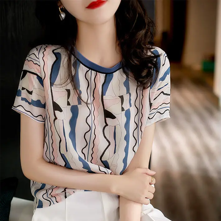 

Summer Korean Style 2022 Elegantes Chiffon Print T Shirt Casual Chiffon Vintage Basic Tee Shirt Patchwork O-Neck Top Women