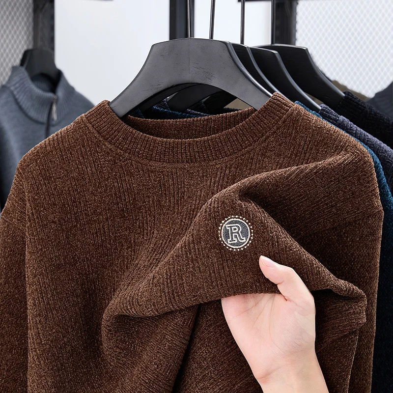 Дизайнерский осенне-зимний мужской толстый пуловер с вышивкой и круглым вырезом