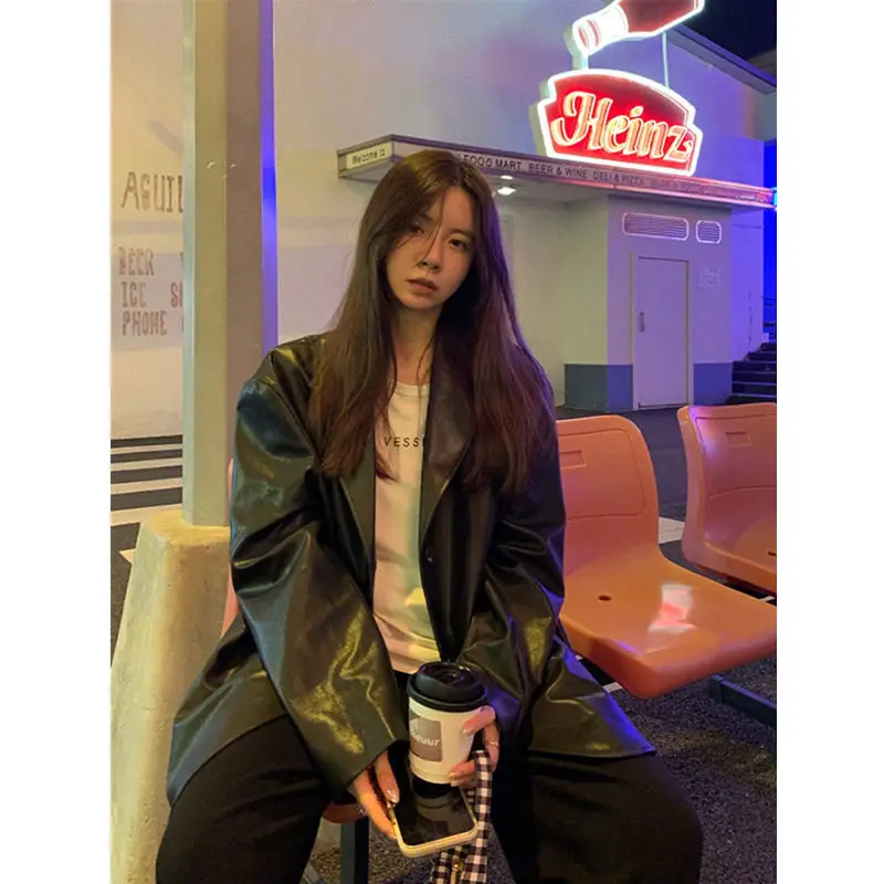 Loose Korean Casual Oversize Cool Fashion Design Retro Pu Leather Suit Jacket Women Brown Korean Girl Autumn Winter Clothes