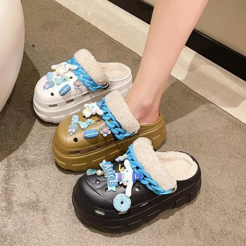 

Новые Симпатичные хлопковые тапочки Sanrio Cinnamoroll, плюшевые тапочки, сохраняющие тепло, на толстой подошве, рождественский подарок для девушки