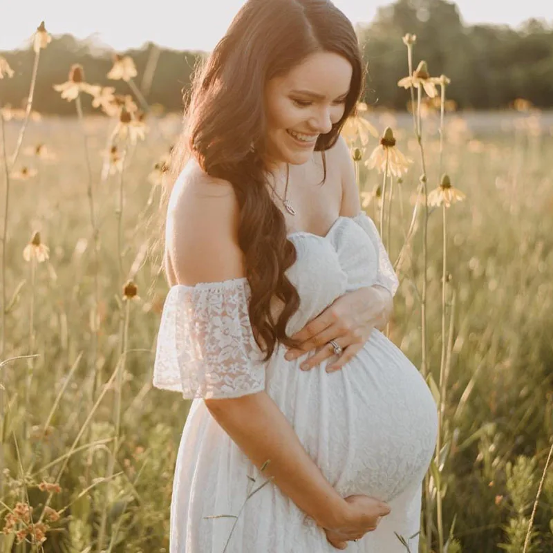 

Pregnant Women Off Shoulder Ruffle Sleeve Lace Maternity Gown Maxi Photography Dress Elegant Pregnancy Dresses for Photo Shoot