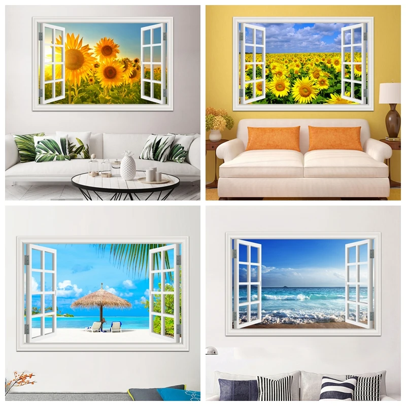 Sunflower Seaside 3D Window View Sticker Wall Art Vinyl Decal Summer Beach Landscape Kitchen Decor Wallpaper Poster Picture