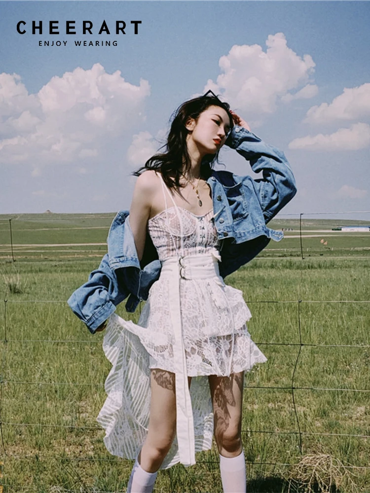 

CHEERART ассиметричные белые кружевные короткие платья для женщин с открытой спиной Облегающее с цветами земленое платье-комбинация элегантная Роскошная летняя одежда