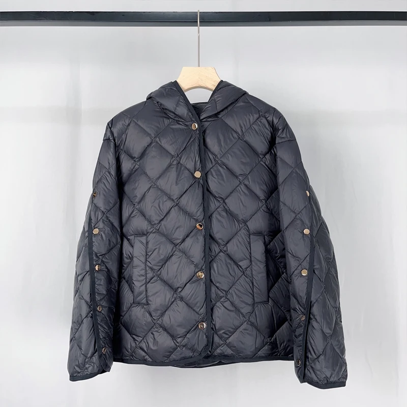 Luxury Women Metal button down jacket 2022 Winter Khaki Black Loose Hooded puffer coat Ultra Light Warm Clothing INKEO 2O310