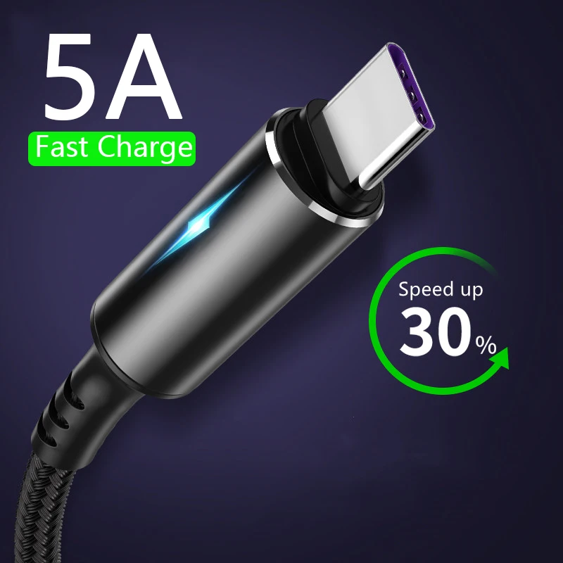 

Nylon Micro USB Type C Cable 5A Fast Charger USB C Cable For Huawei Xiaomi 12 Samsung S21 Quick Charging 3.0 LED USB Cord