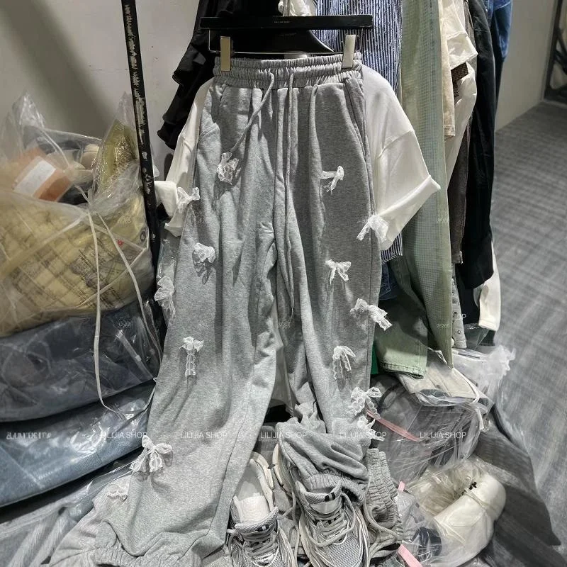 Очень большие повседневные брюки с кружевом и бантом в Корейском стиле весом 50 00