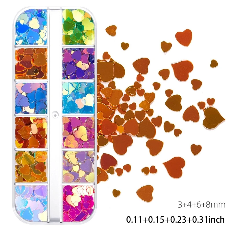 

Блестки для ногтей N58F в форме сердца, размер 3/4/6/8 мм, голографические переливающиеся хлопья для ногтей, сделай сам, маникюрный декор для прич...