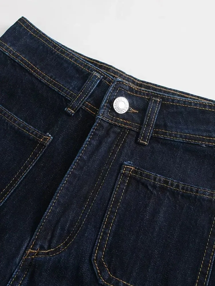 PAILETE Women 2023 fashion patch pocket marine jeans vintage high waist zipper fly female trousers mujer