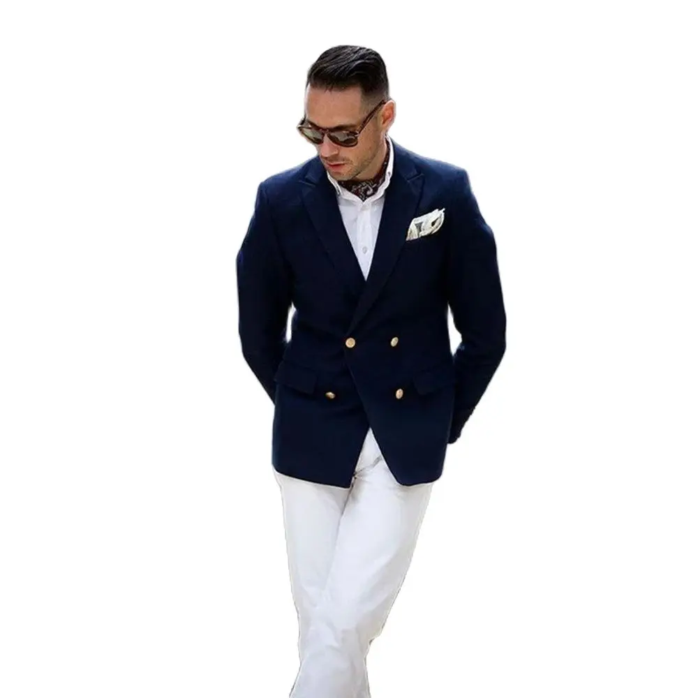 

Navy Blue Jacket and White Pants Men's Casual Clothes Notched Lapel Double Breasted Men Suits Trim Fit Wedding Tuxedos