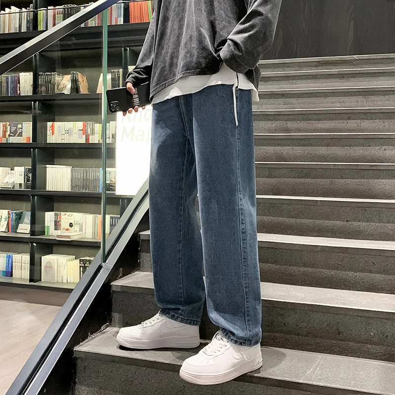 2022 Spring New Harajuku Street Loose Jeans Men's Korean Version Fashion Straight Wide-leg Pants Men's Casual Nine-point Pants