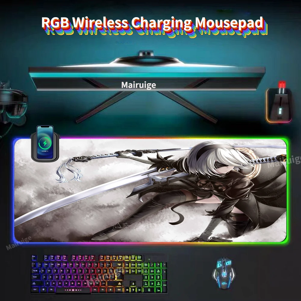Nier 2B Girls RGB Wireless Charging Anime Mouse Pad Light LED Laptop Gamer Accessories Keyboard Type-C Phone Charging Mousepad