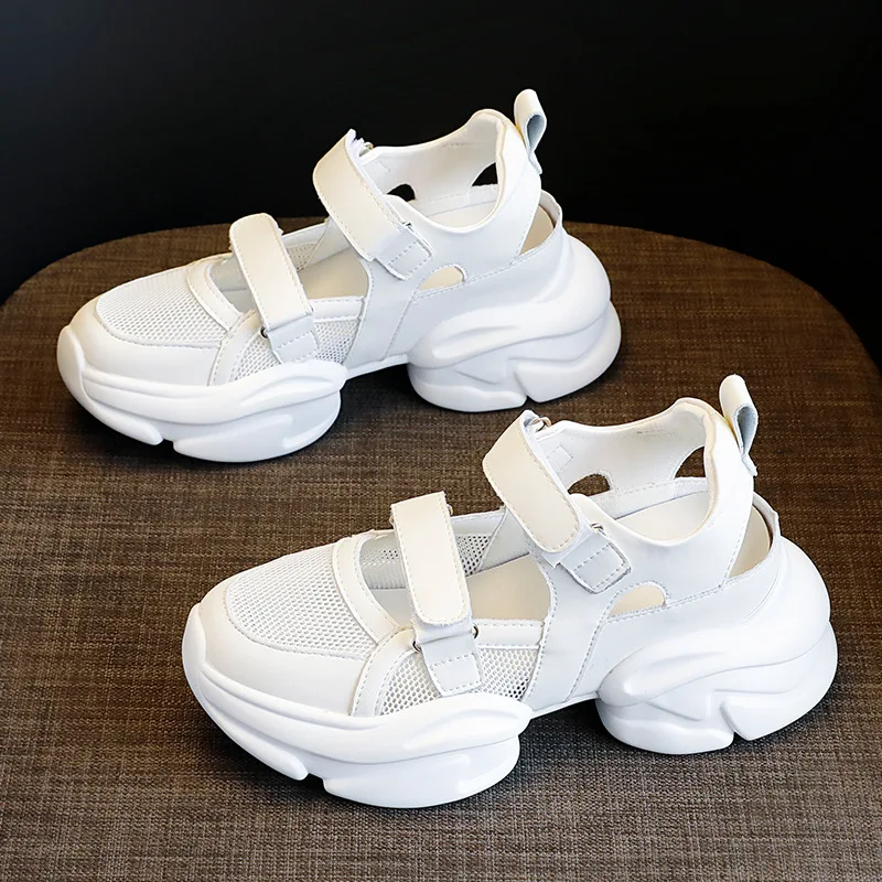 7cm Genuine Leather Air Mesh Women Breathable Sandals Chunky Sneakers Hollow 2023 New Summer Ladies Platform Wedge Pop Shoes