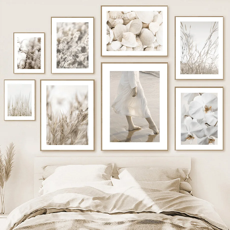 

Beach Walk Girl Reeds Grass Shell Pearl Flower Wall Art Print Canvas Painting Nordic Poster Wall Pictures For Living Room Decor