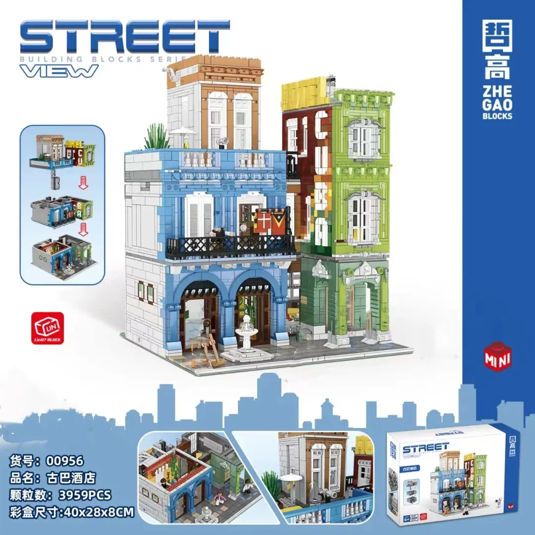 00956 креативный эксперт улица вид Куба модель отеля 3959 шт. модульный дом Moc мини