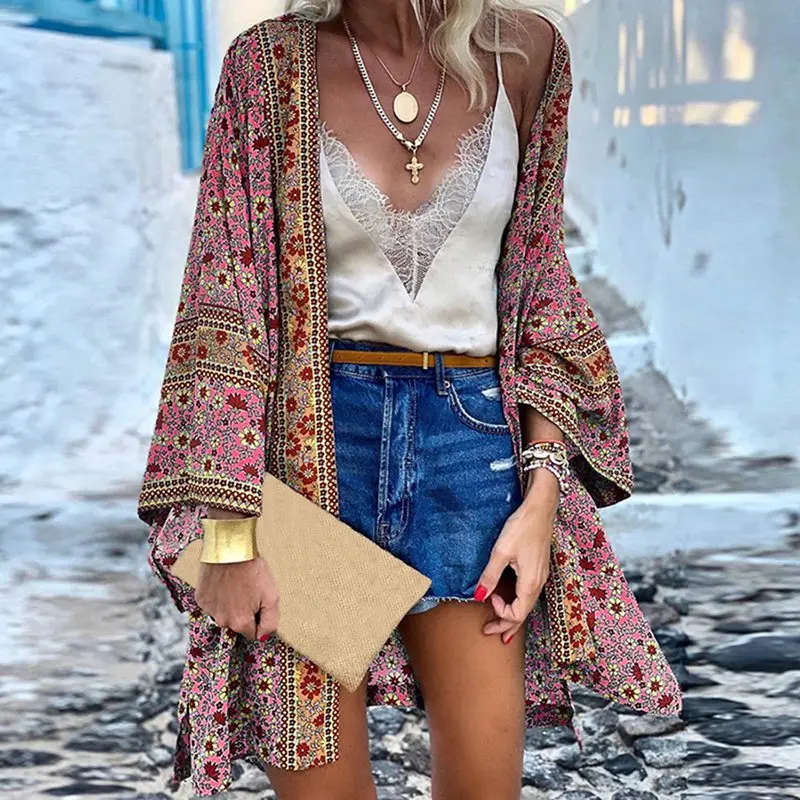 Women Cardigan Kimono Summer Open Front Bohemian Floral Printed Blouse Casual Loose Beach Tops Vintage Long Sleeve Blusas