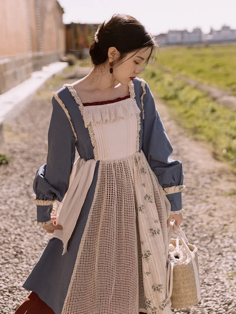 

Mori Girl Style Prairie Chic Women Dress Cosplay Vintage Patchwork Lace Lantern Sleeve Casual Large Size Dresses Vestido Fiesta