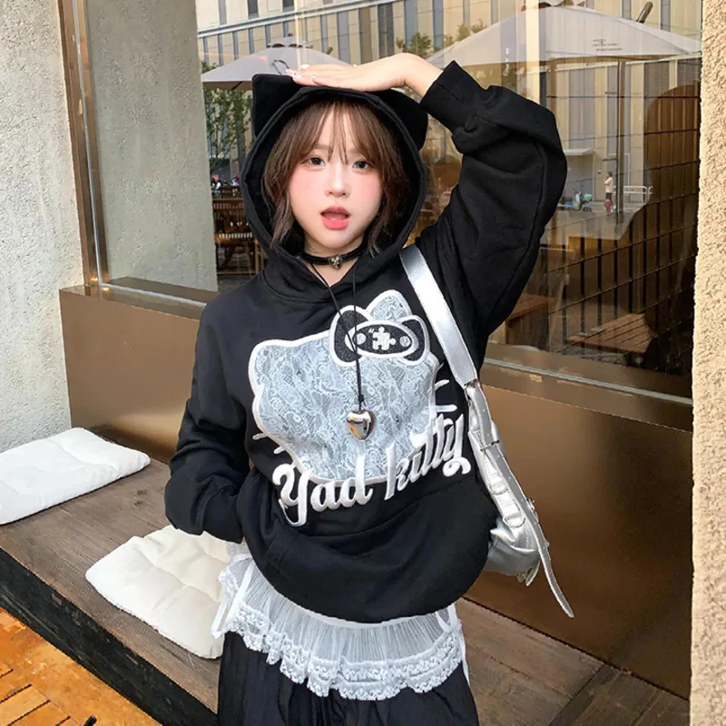Miniso Lace Hellokitty Y2k Черная толстовка с капюшоном для девочек Аниме вышивкой KT