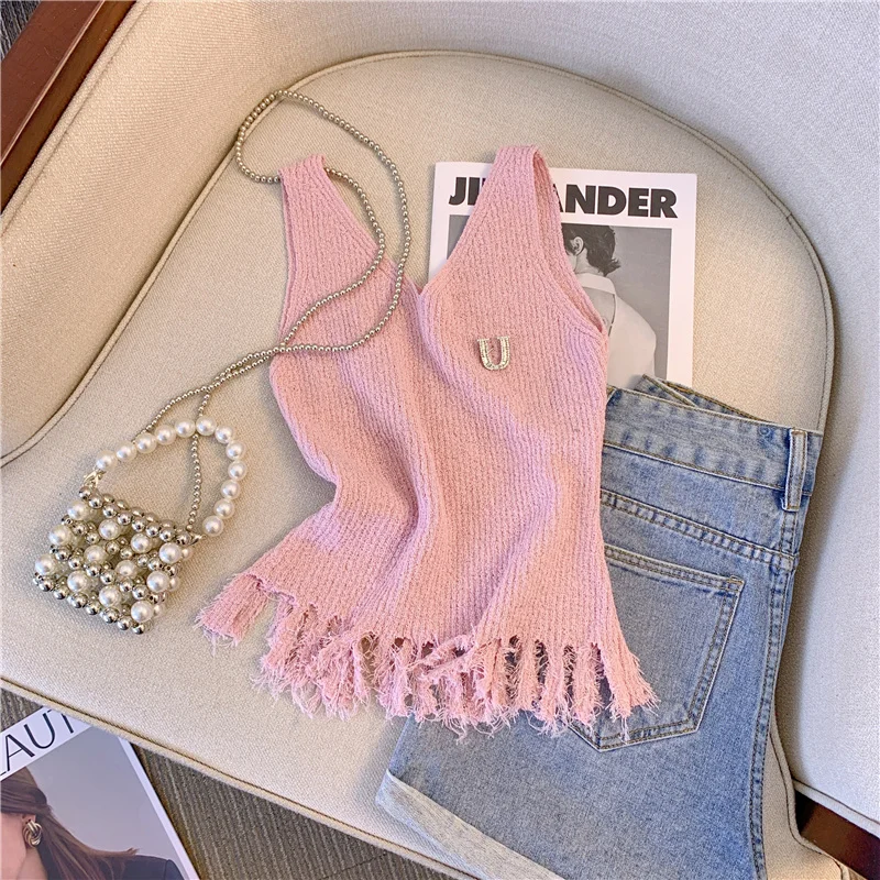 

Tassel Knitted Vest Irregular Slim Vest Female 2023 Summer New High-grade Sense Small Sling Tank Top