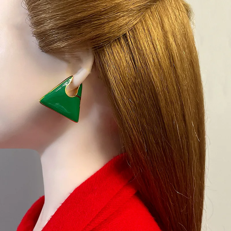 

2022 New Brass Trapezoidal Earrings Women's Green Enamel Drop Oil Fashion Personality High Sense Ear Clip
