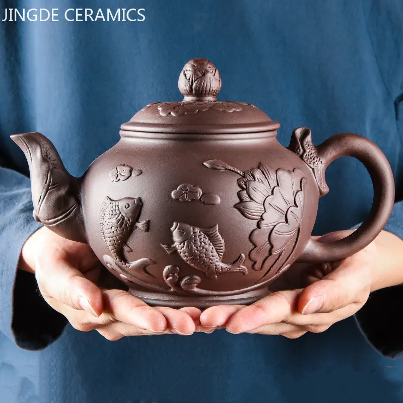 

Large Capacity Yixing Purple Clay Tea Pot Hand-carved and Painted Lotus Teapot Household Tea Infuser Retro Tea Set 1000ml