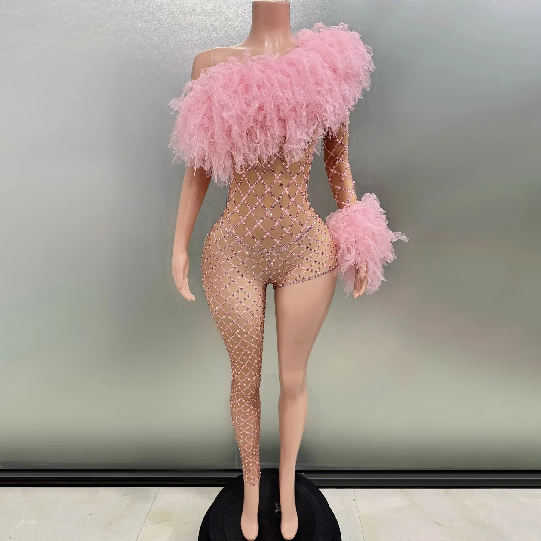 Розовый Mseh со стразами на одно плечо сексуальный женский костюм для вечерней