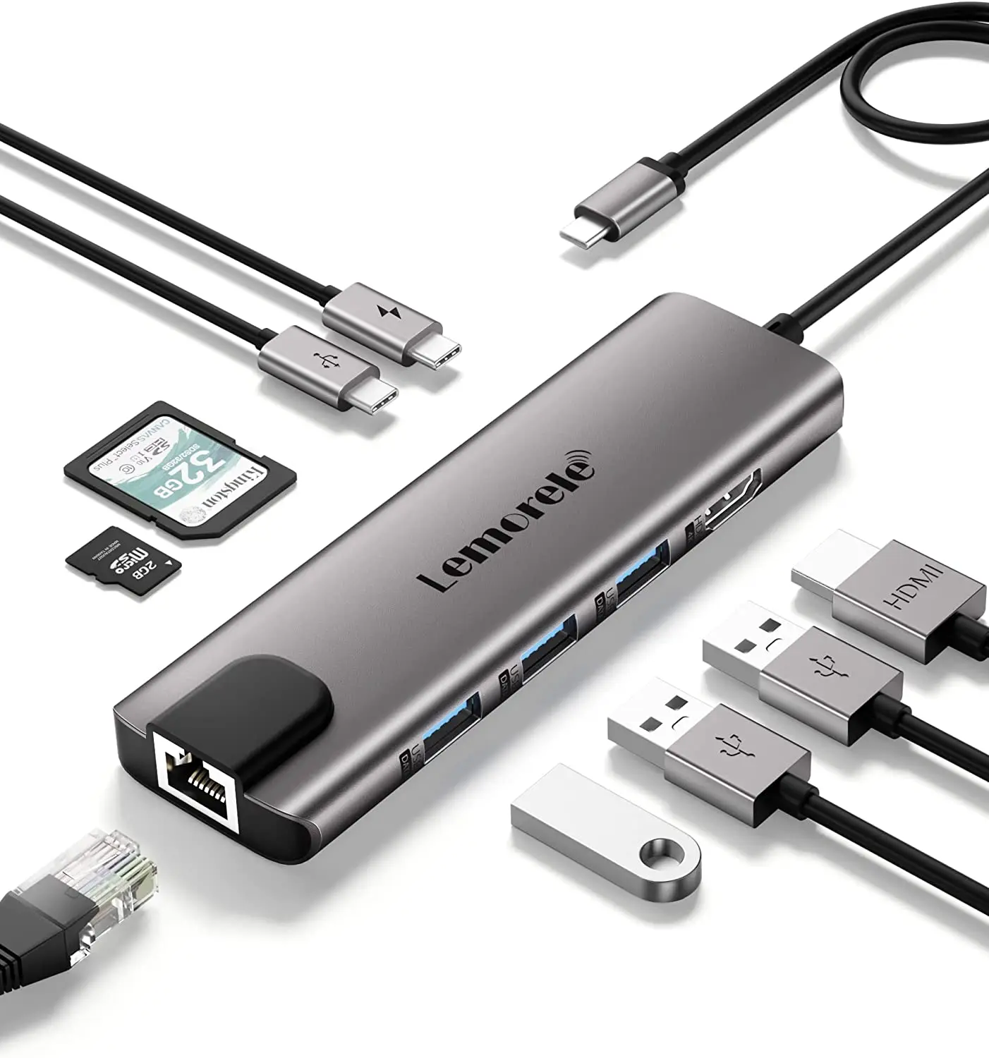 

USB C концентратор, Lemorele 9 в 1 USB C концентратор многопортовый адаптер w/Gigabit Ethernet, 100 Вт PD, HDMI 4K, 3 USB 2,0, USB C порт данных, SD/TF