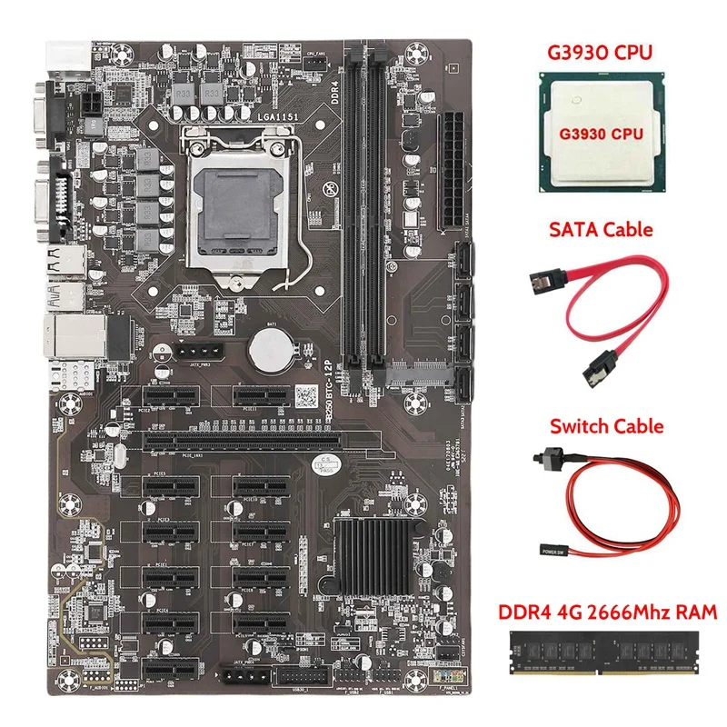 

Материнская плата B250 BTC для майнинга 12 PCIE16X, графическая карта LGA1151 с процессором G3930 + DDR4 4G 2666 МГц ОЗУ + кабель SATA + кабель переключателя