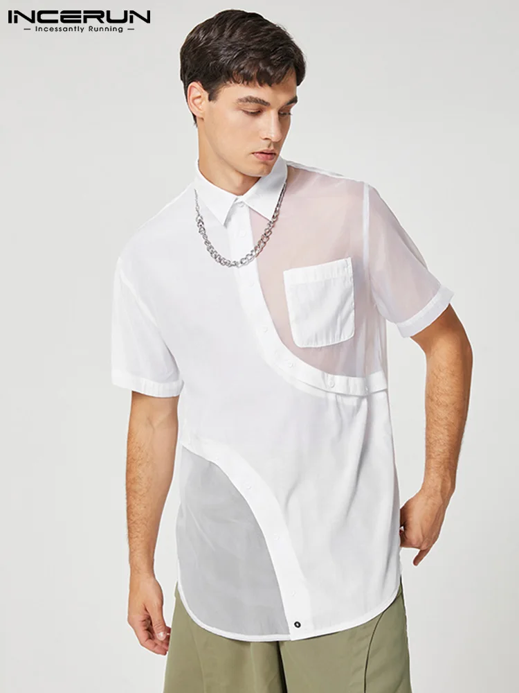 

INCERUN Men Shirt Patchwork Lapel Short Sleeve Streetwear 2022 Fashion Casual Irregular Thin Shirts See Through Pockets Camisas