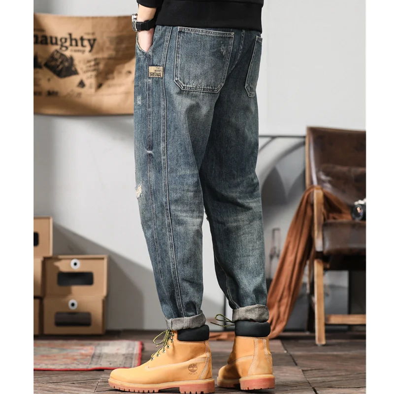 Men Clothing New Pattern Recreational Vintage Broad Leg Blue Ripped Jeans Straight Cylinder Large Loose Cargo Pants Autumn Women