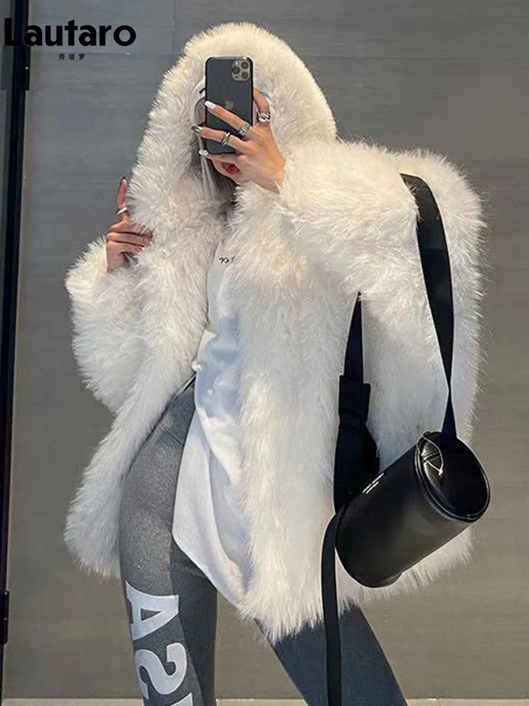 Lautaro зимнее толстое теплое мохнатое серое мягкое белое пальто из искусственного