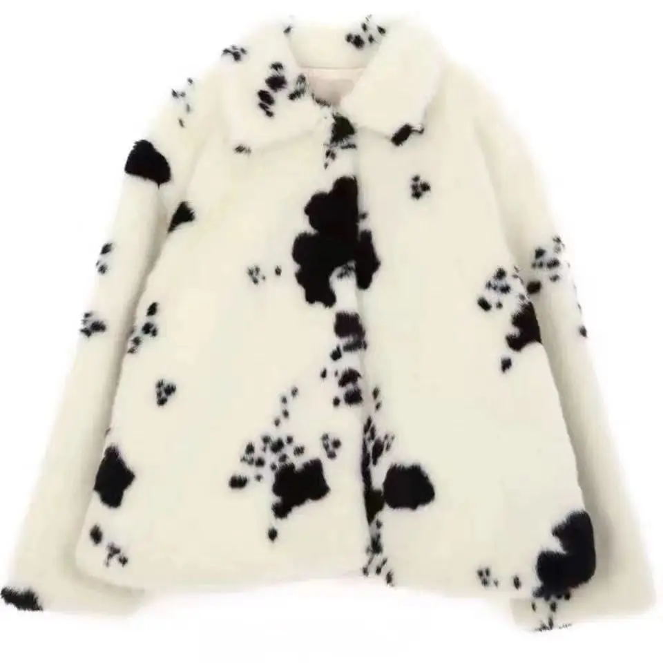 Autumn winter new Korean coat women's short loose fashion square collar black and white cow pattern  fur coat enlarge