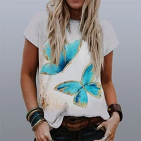 2022 summer women vintage butterfly print shirts short sleeve top streetwear casual tees plus size loose tshirts drop shipping