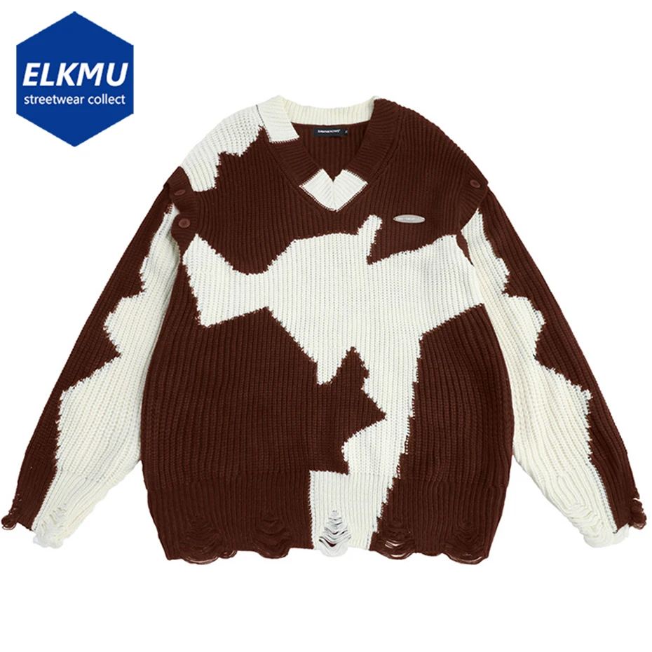 

Color Block Patchwork Sweater Detachable Sleeve Loose Knitted Sweaters Oversized Hip Hop Streetwear Knitwear Pullover Jumper Men