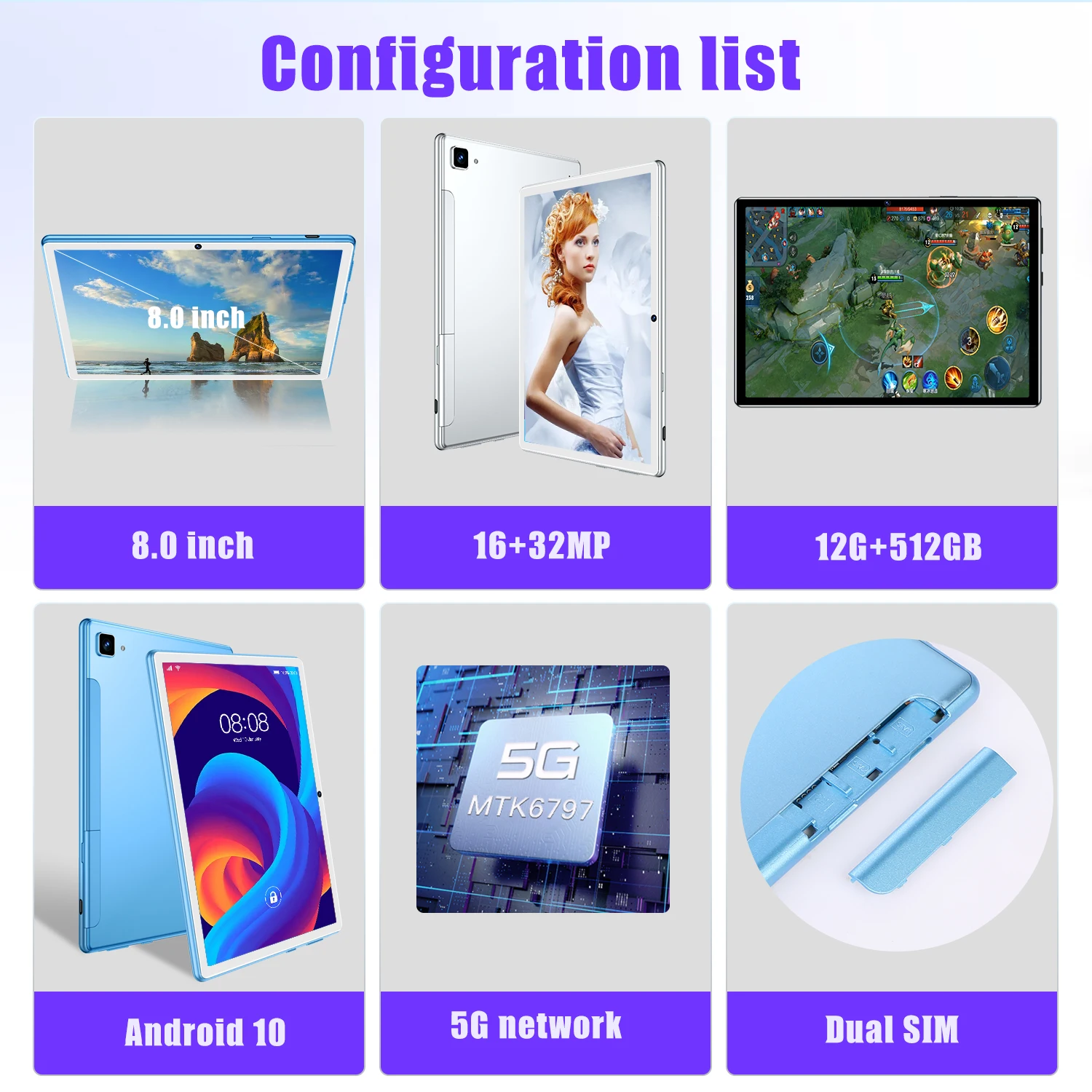 Планшет на Android 8 0 дюйма 12 Гб 512 ГБ 16 + 32 МП |