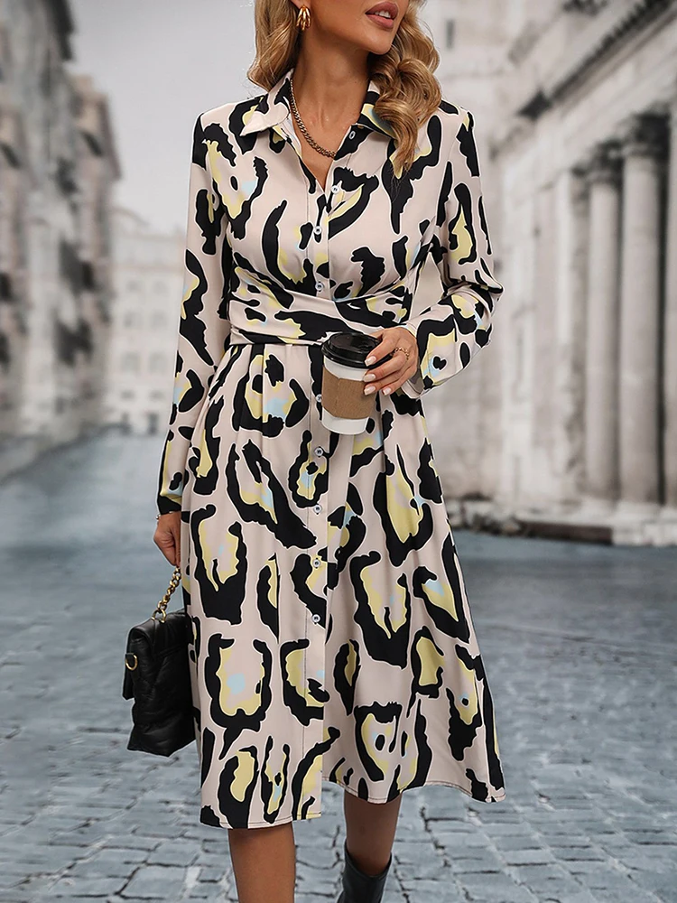 

Elegant Women Printed Leopard Dress Button Long Lace Up Dress Fashion Europe and America Party Dress for Ladies Drop Shipping