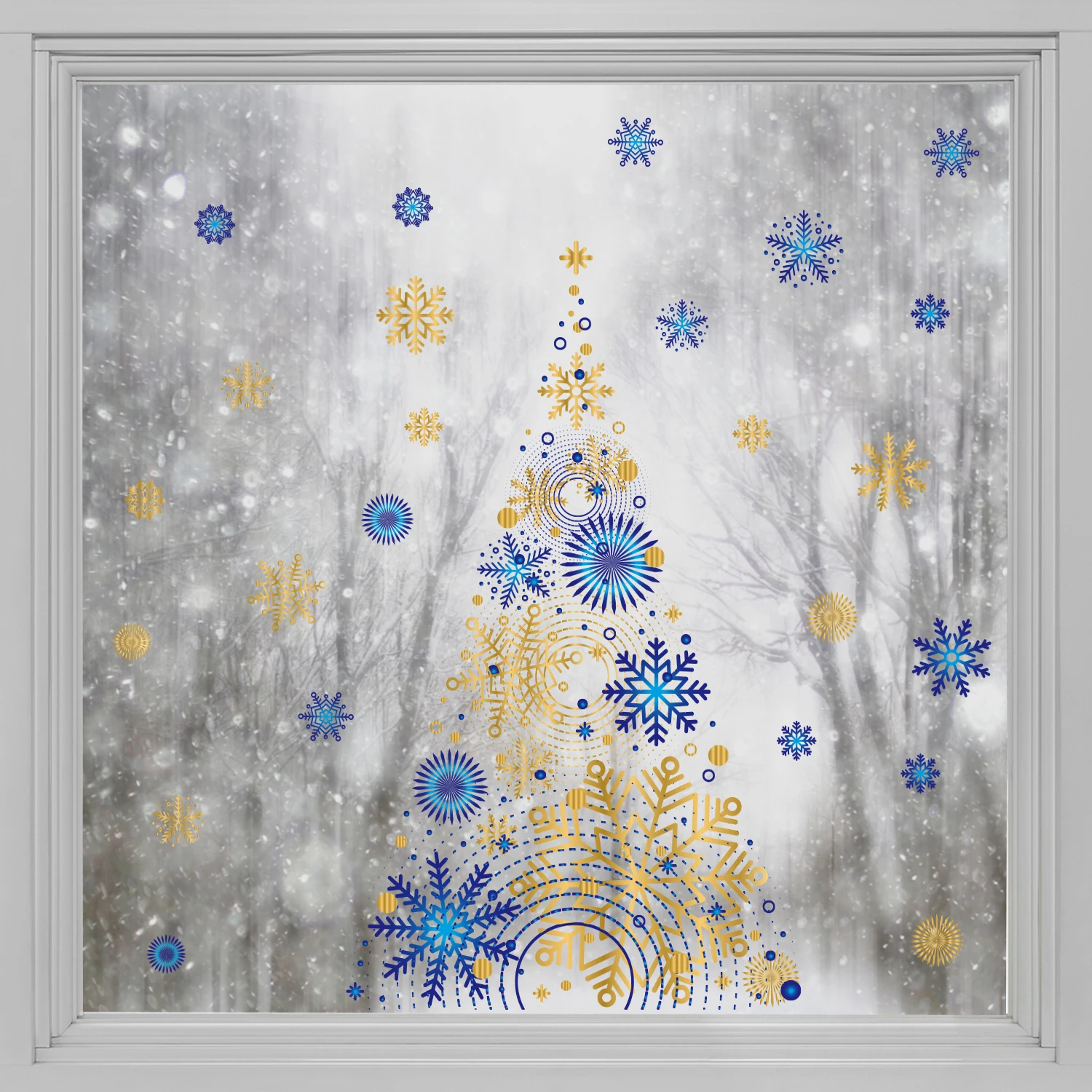 

Kizcozy Creative Art Blue and Gold Snowflakes Christmas Tree Decals Reusable Static Cling Window Film for Home and Decoration