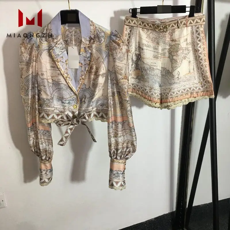 

Vintage Print Two Piece Sets For Women Short Style Lapel Long Sleeve Jacket Loose Casual Belt Shorts Summer Female Clothing New