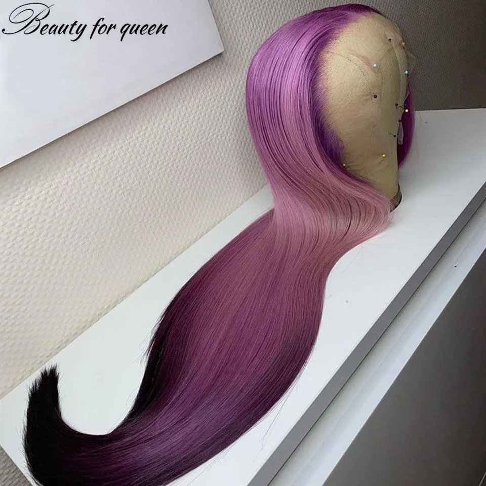 Ombre Purple Straight Lace Front Human Hair Wigs For Women 150% Remy Brazilian Hair HD Transparent Lace Frontal Wigs Pre Plucked