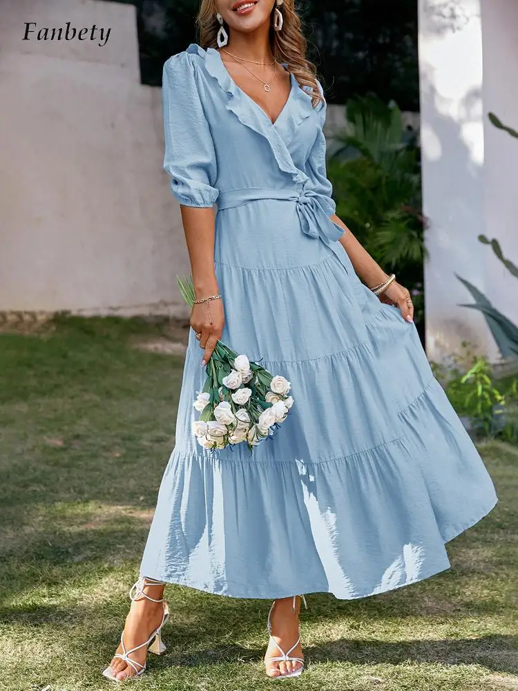 

Элегантное однотонное женское платье на шнуровке с V-образным вырезом 2022 летние модные плиссированные длинные платья с оборками женское по...