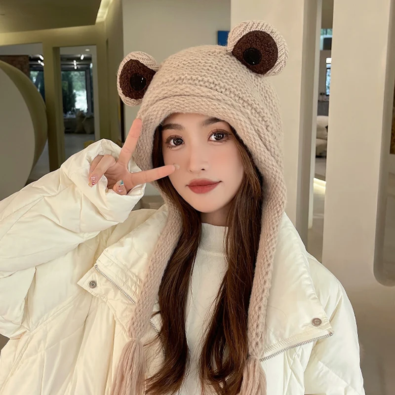 Frog Woolen Cap Women Autumn and Winter Korean Ins Cute Knitted Sleeve Green Earmuff Warm Earmuffs Student