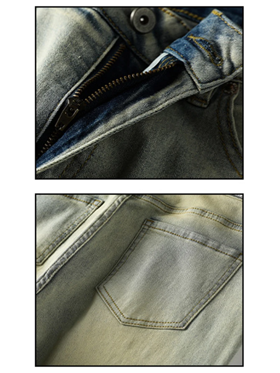 Four Seasons Men's Jeans Washed Distressed Stretch Vibe High Street Yellow Mud Dyed Y2k Men Jeans Streetwear Men's Ins Hot Sale