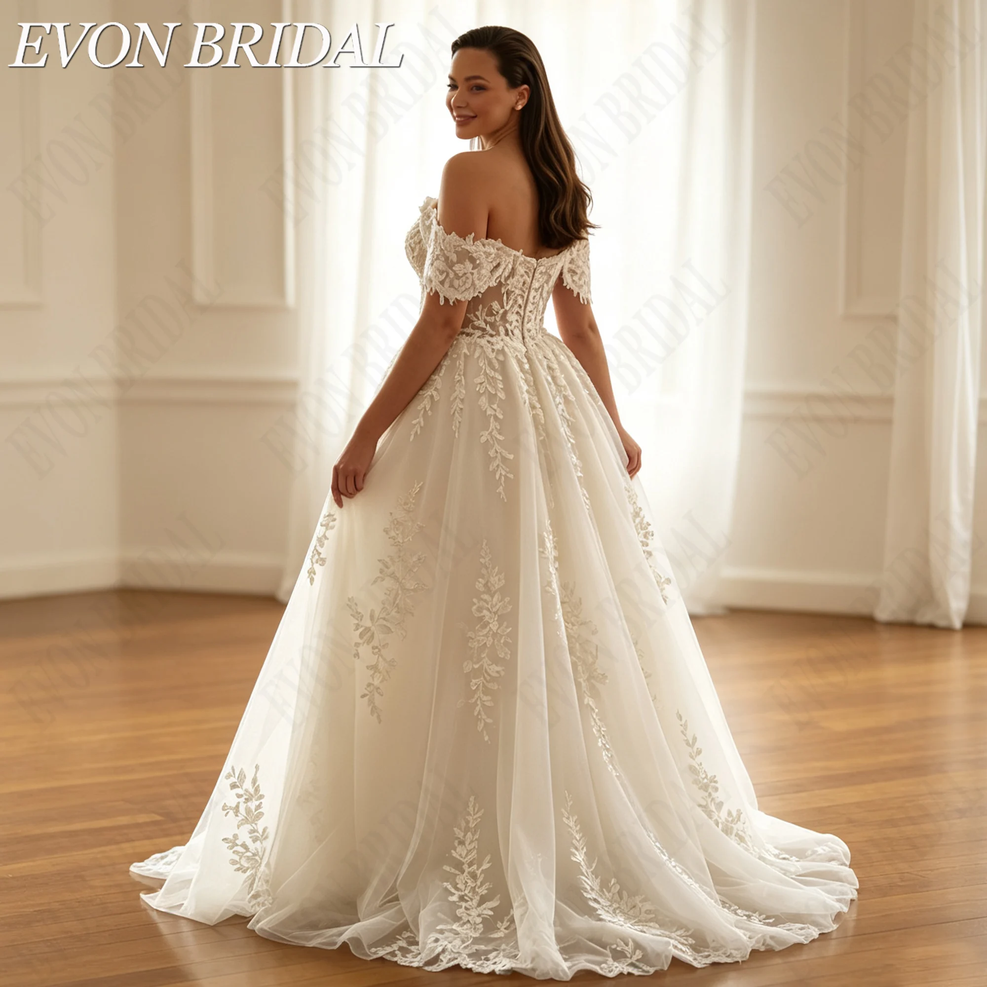 Фото EVON BRIDAL Плюс сайз свадебное платье без плеч для женщин кружевные аппликации А-линия свадебное платье садовое открытая спина свадебное платье на заказ большой размер кружево вышивка пышная юбка свадьба на открытом №4