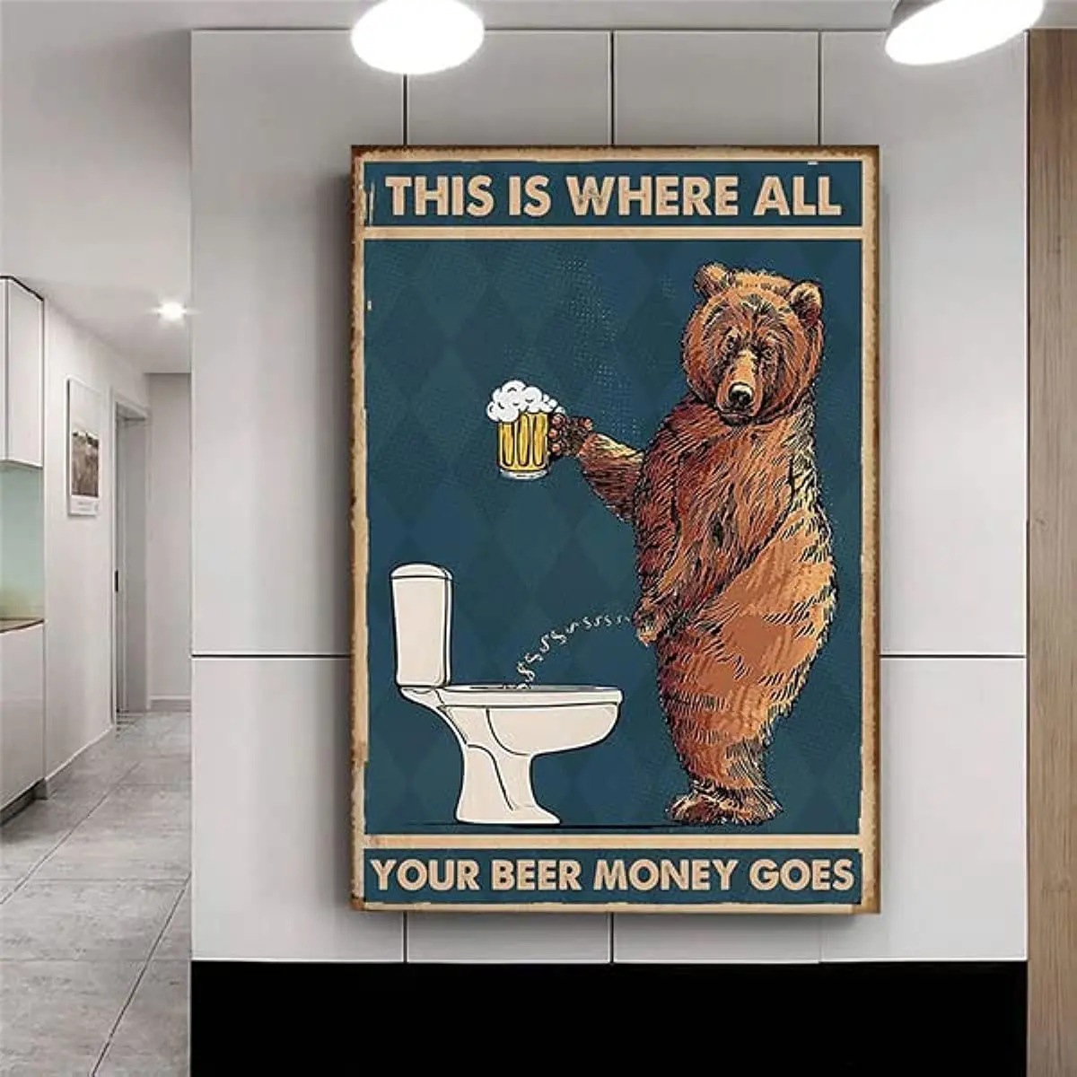 

Metal Tin Logo, Irritable Bear Drinking Beer In Bathroom Poster, Abstract Wall, Art Bathroom Toilet Wall Home Decoration