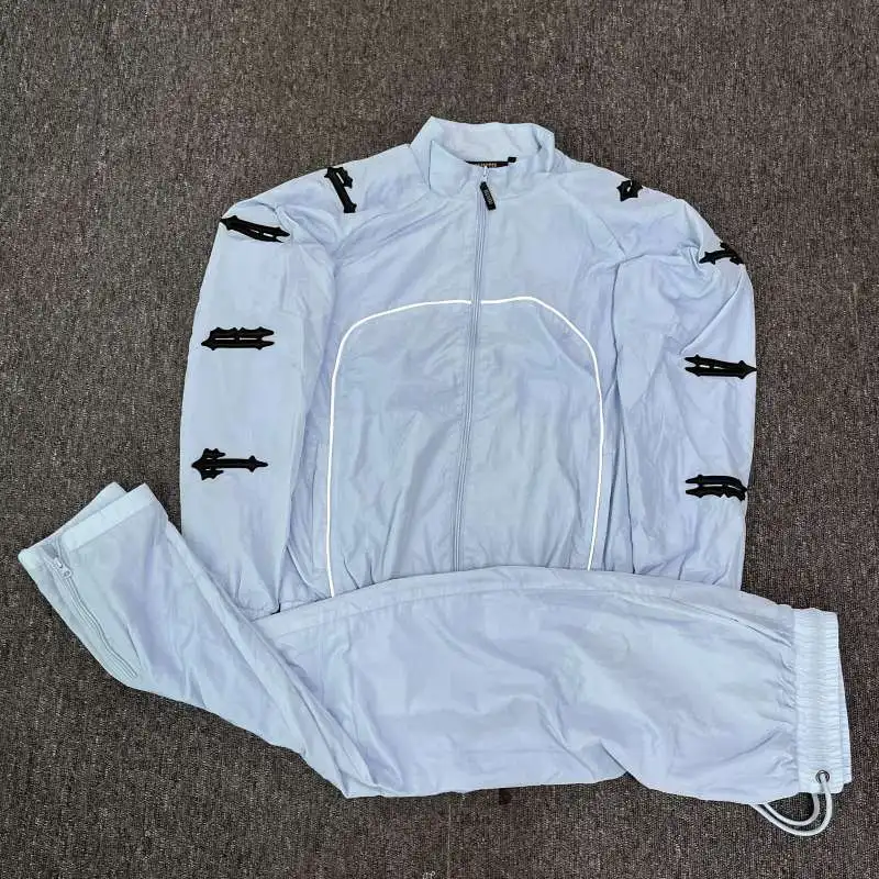 

London Light Blue Trench Coat Letter Clothes Hip Hop Streetwear Men's Suits Casual Outdoor Windbreaker Tops and Pants
